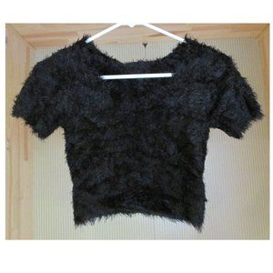 NEW FOR LOVE & LEMONS KNITZ FAUX MOHAIR SHORT SLEEVE BLACK CROP TOP SIZE M